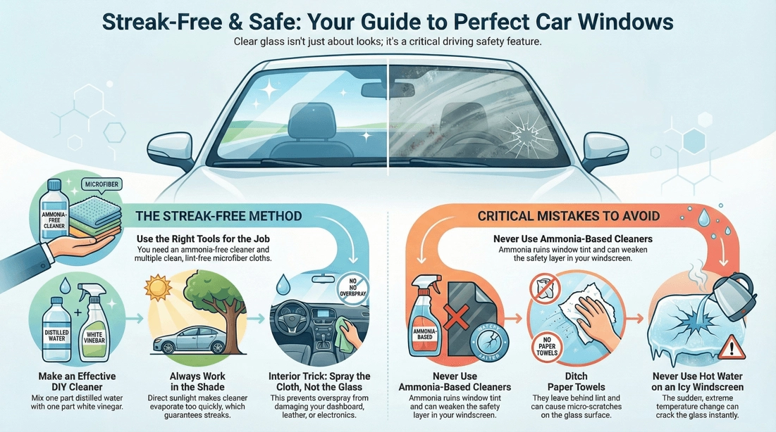 car windshield cleaning in shade vs direct sunlight comparison