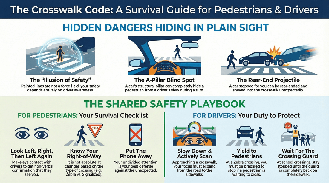Crosswalk safety rules for pedestrians and drivers: blind spots, right of way, and yielding