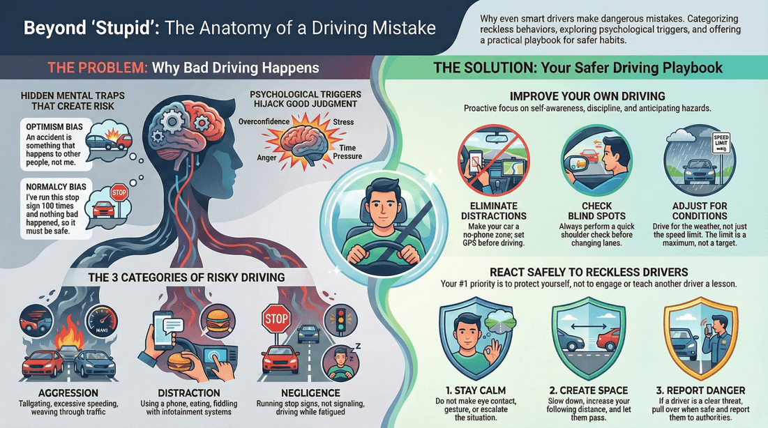 Reckless driving mistakes, psychological causes, and defensive driving techniques