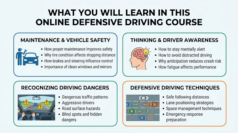 What you will learn in this online defensive driving course