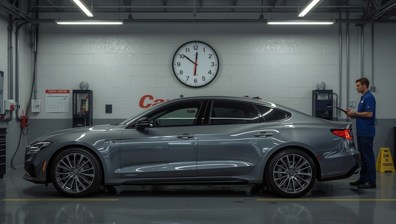 Car maintenance schedule check at auto service center with mechanic
