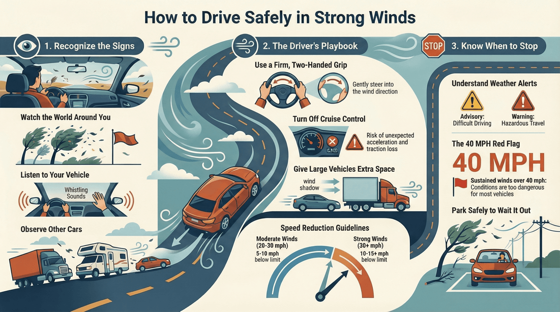 Driving safety guide: handling crosswinds, reducing speed, and spotting high wind warnings