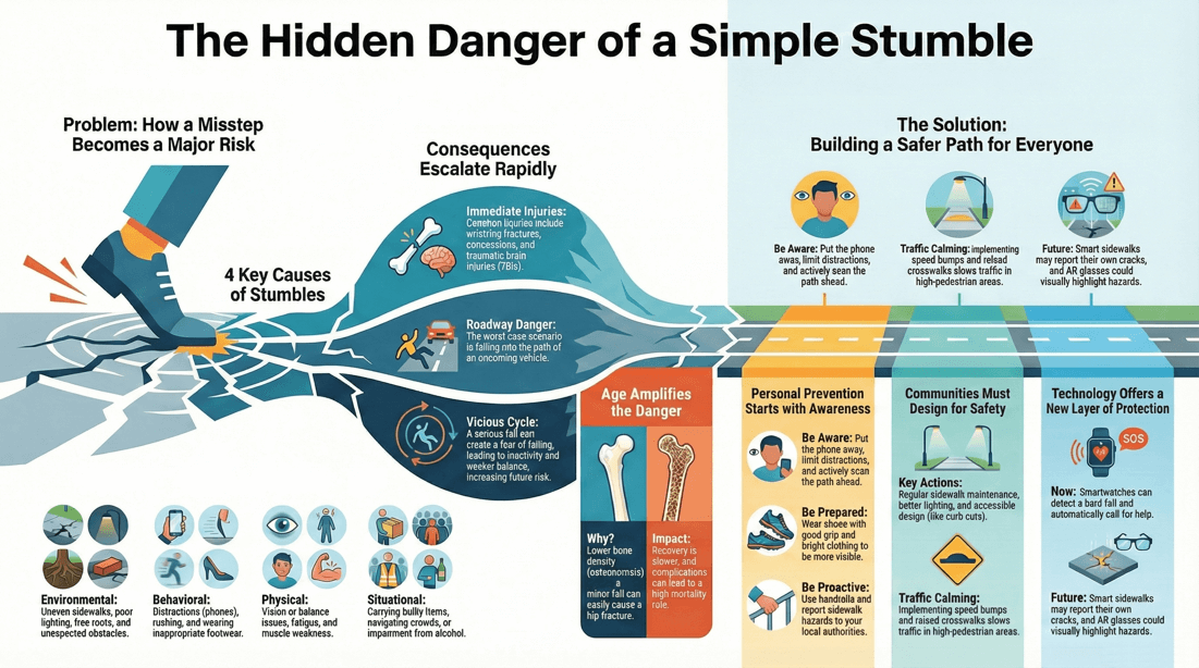 Pedestrian stumble causes, injury risks, and traffic accident prevention strategies