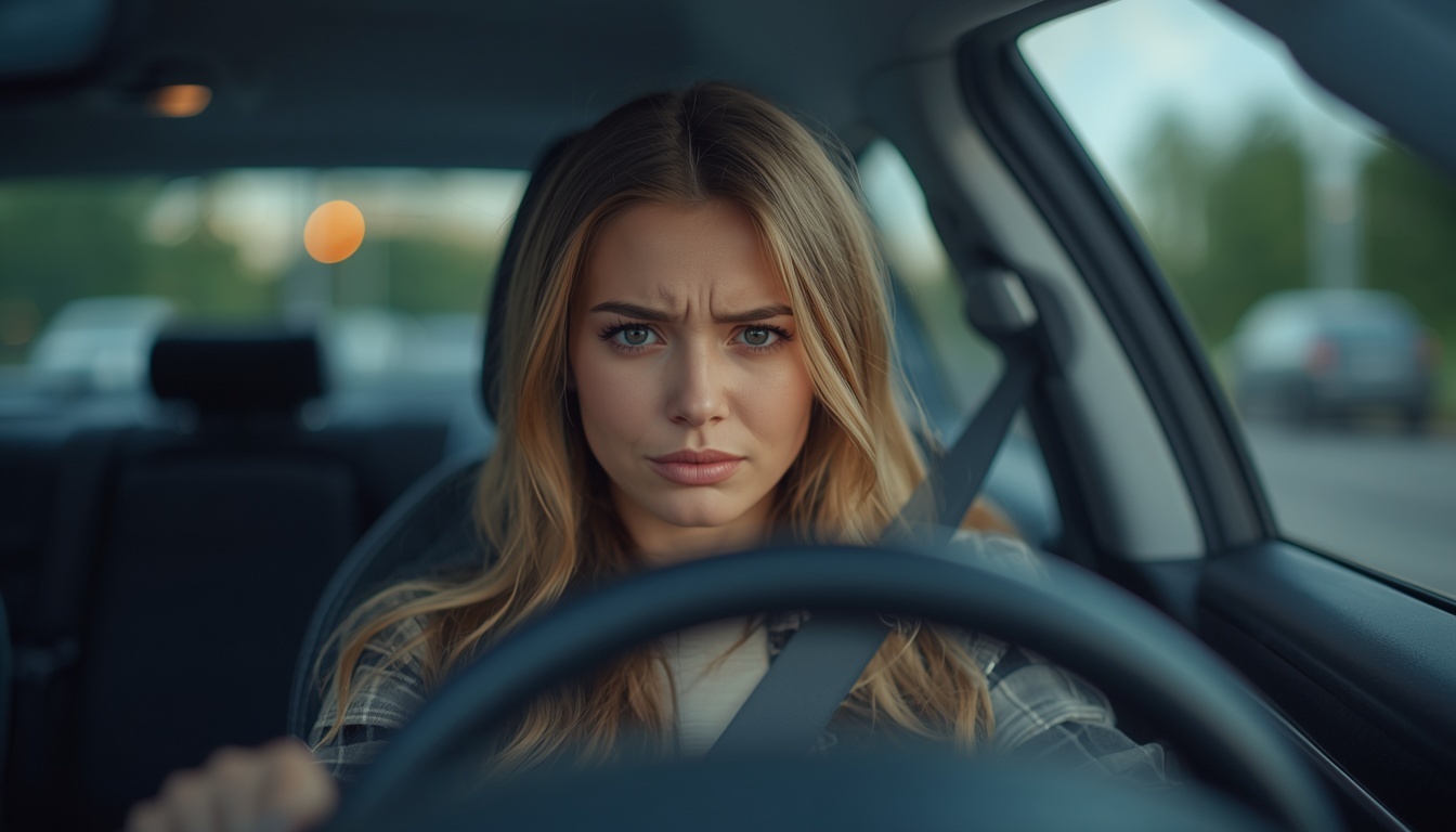 Anxious woman driving, reflected in rearview mirror on highway