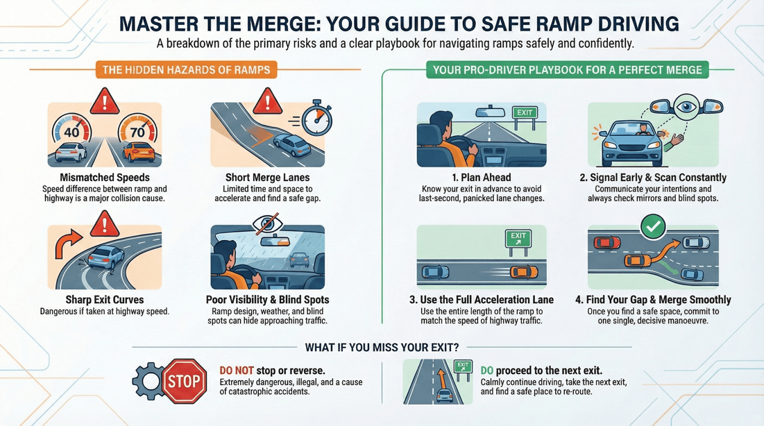 On-ramp merging safety tips: adjust speed, find gap, use acceleration lane