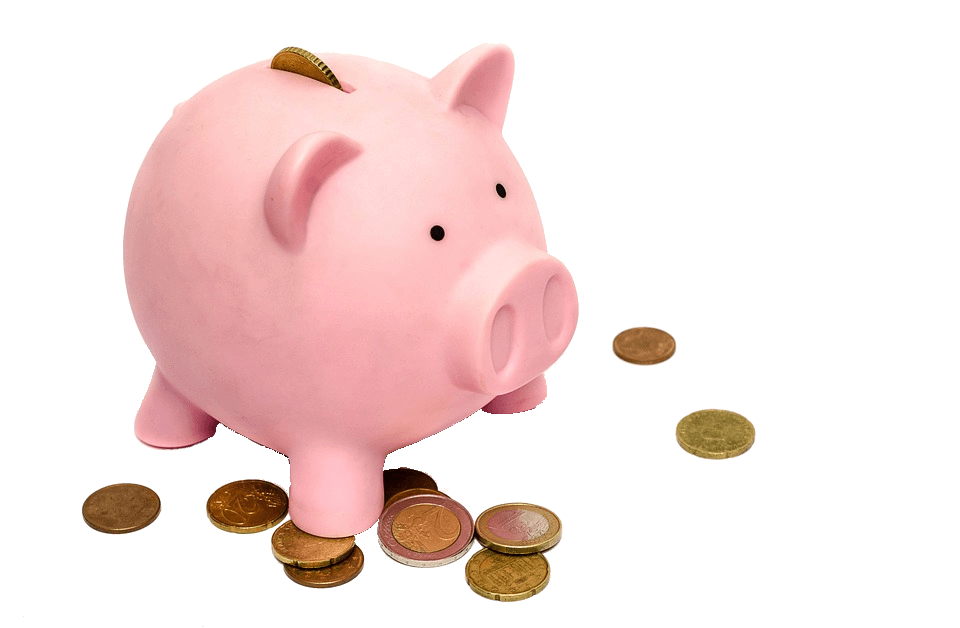 Pink piggy bank with scattered coins symbolizing vehicle expense savings and budgeting