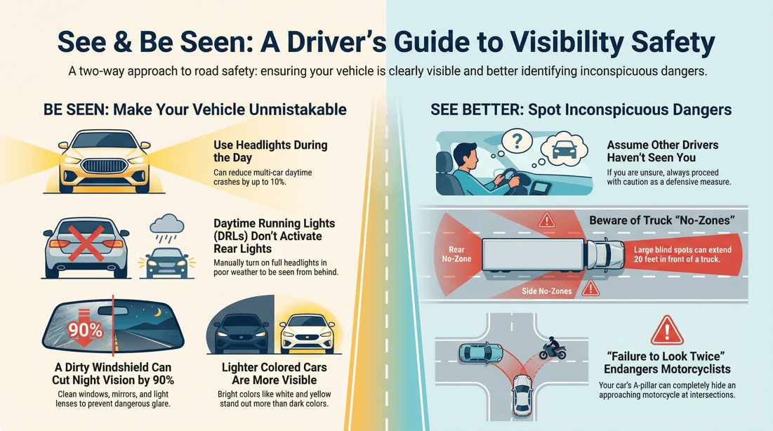Improve vehicle visibility: proper lighting, avoiding blind spots, and safe driving tips