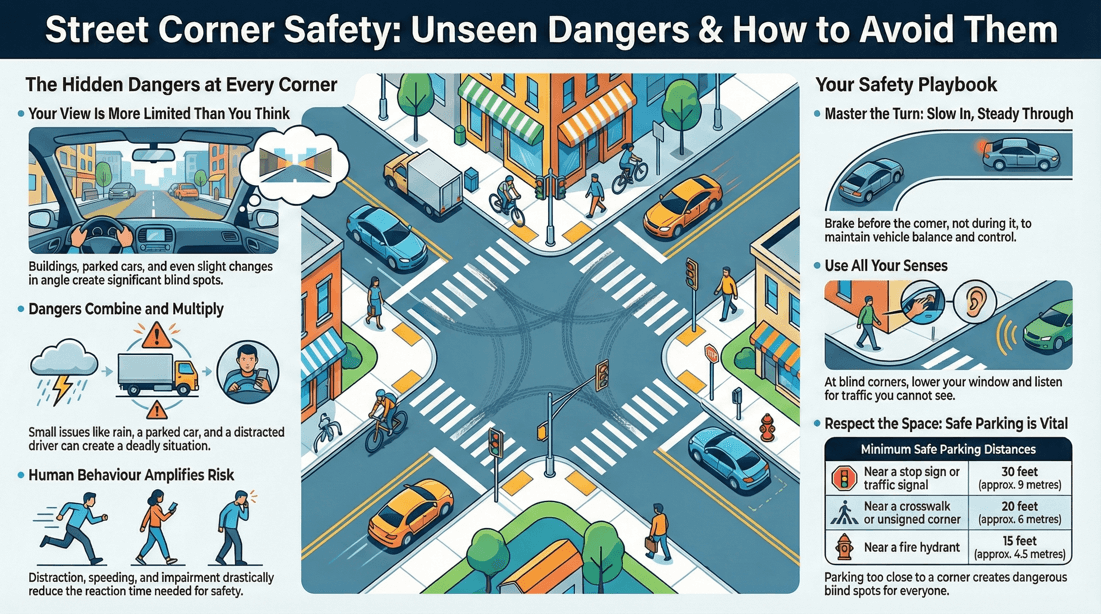 Street corner dangers, safe intersection navigation, right-of-way, visibility tips