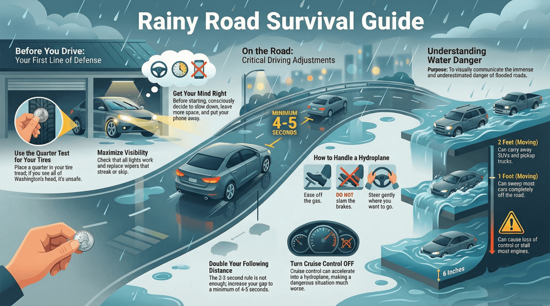 How to drive safely in rain wet roads hydroplaning prevention and braking