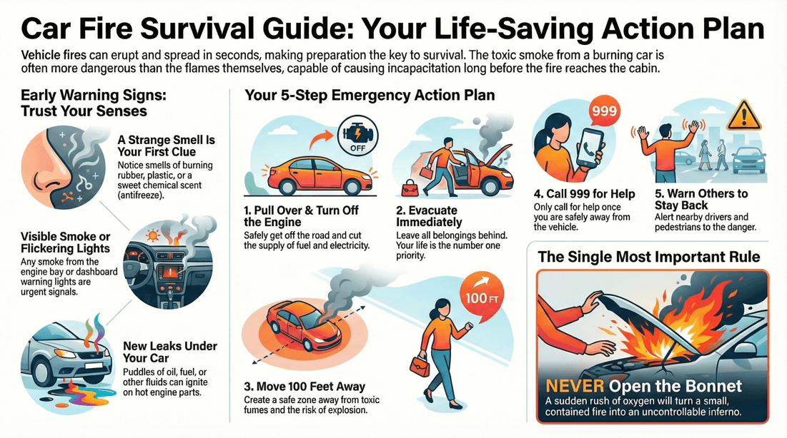 Vehicle fire survival guide emergency steps causes and prevention plan