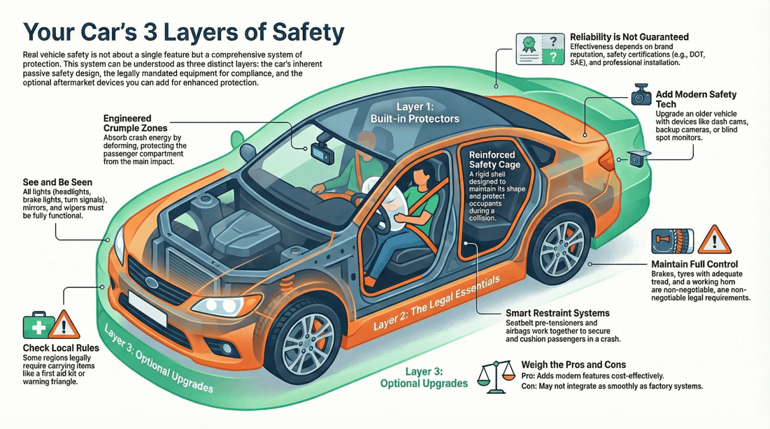Essential car safety equipment checklist built-in legal and aftermarket upgrades