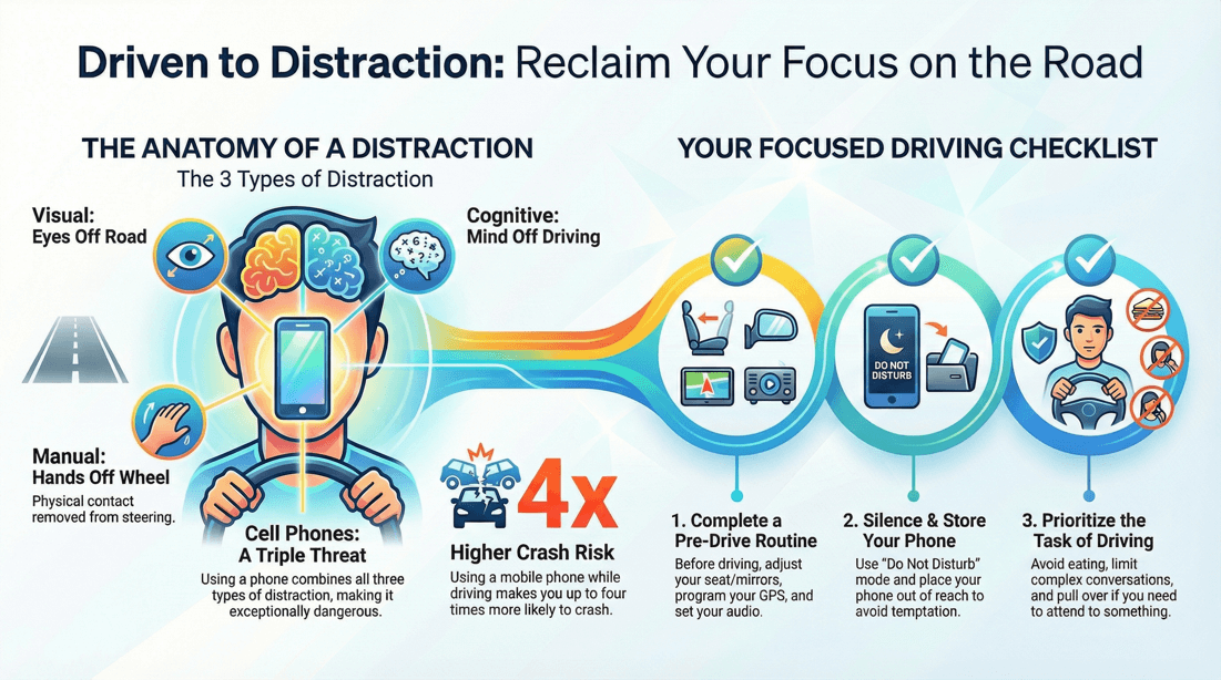 Distracted driving causes risks and prevention tips for safer motoring