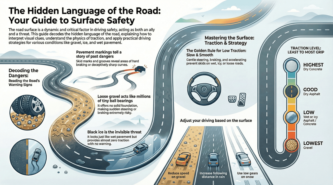 Road surface traction guide: wet, icy, gravel, asphalt, concrete grip
