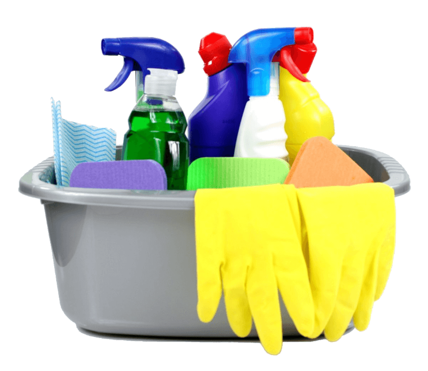 Car cleaning supplies in a bucket with gloves and spray bottles for vehicle maintenance and detailing