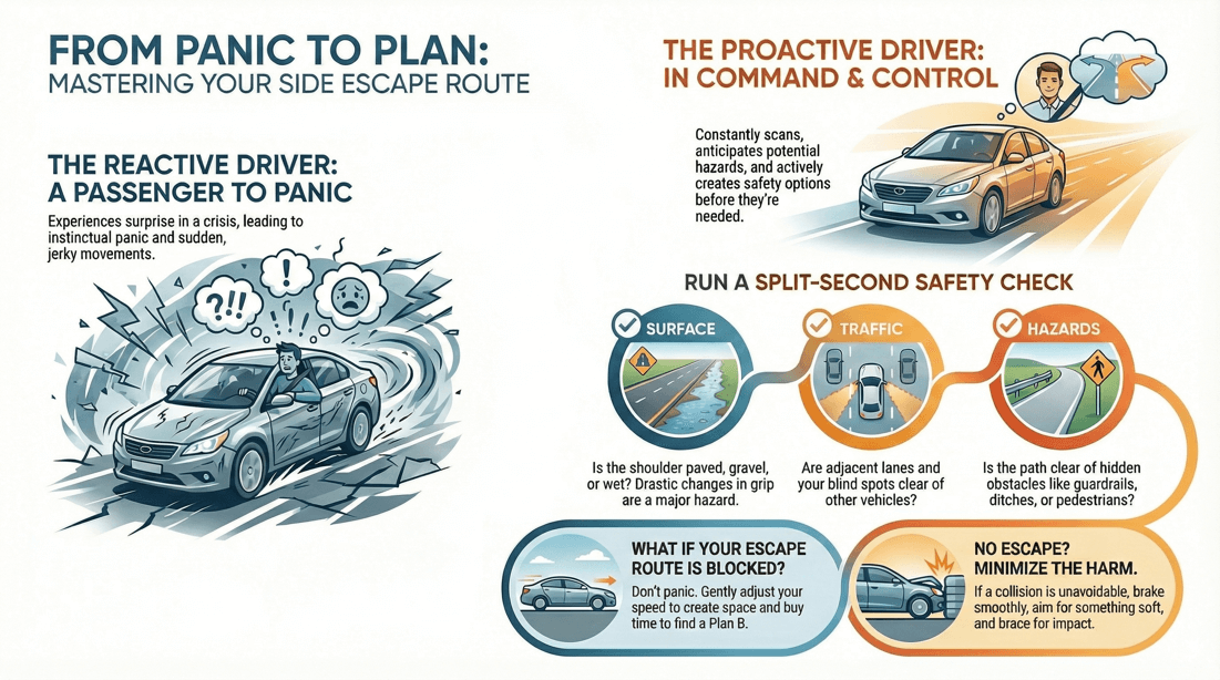 Defensive driving mastering side escape routes for collision avoidance