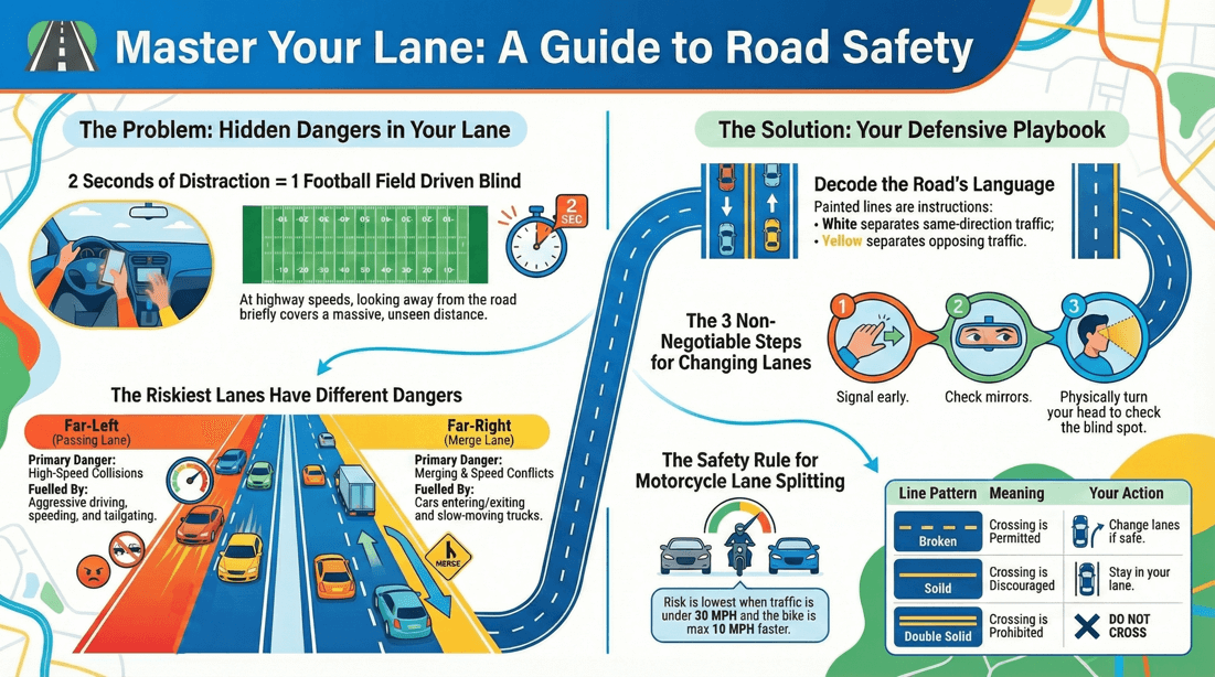 Preventing lane collisions, road markings meaning, blind spots, lane splitting risks, and defensive driving tips