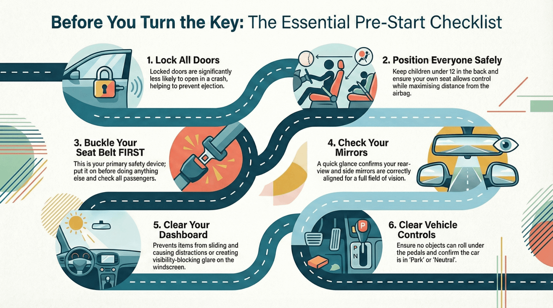 Comprehensive pre-start vehicle safety checklist routine for drivers