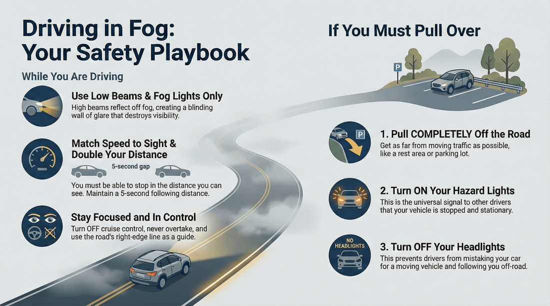 Essential safe driving tips for fog: lighting, speed control, distance, and pulling over