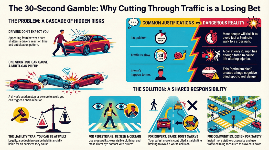 Why cutting through traffic gaps is dangerous: Visibility, driver surprise, and liability