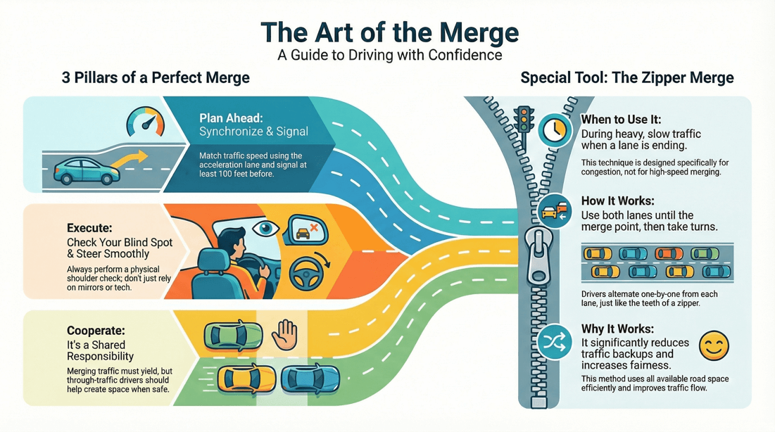 Safe merging tips: shoulder check, match speed, signal early, zipper merge rules