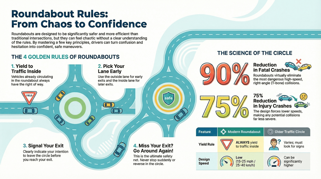 Traffic circle and roundabout rules: yield, lane discipline, signaling, exiting