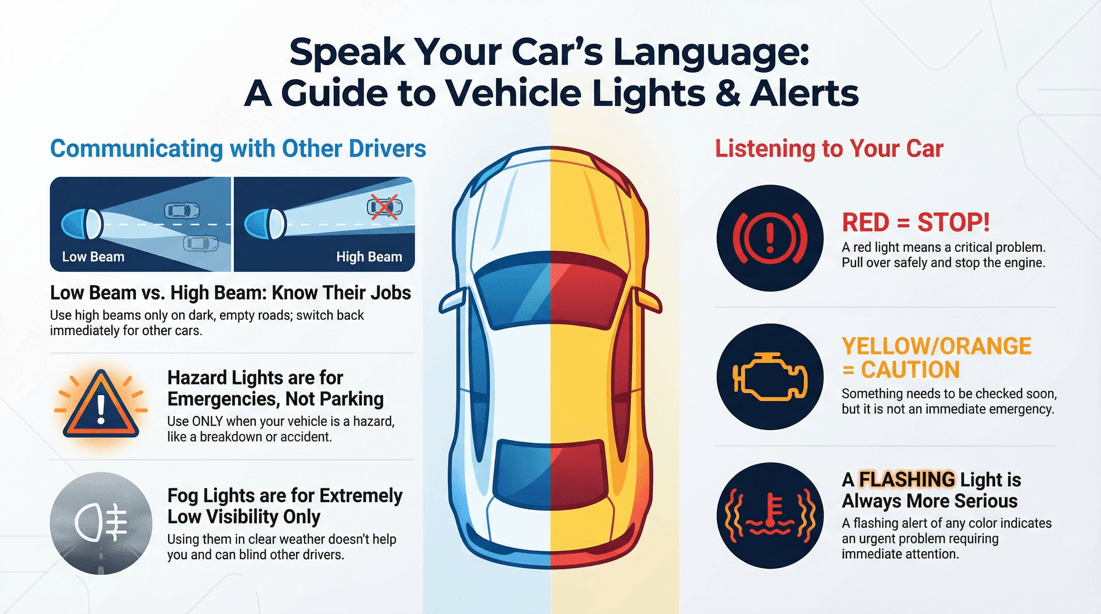 Decoding vehicle lights and dashboard warnings for defensive driving safety