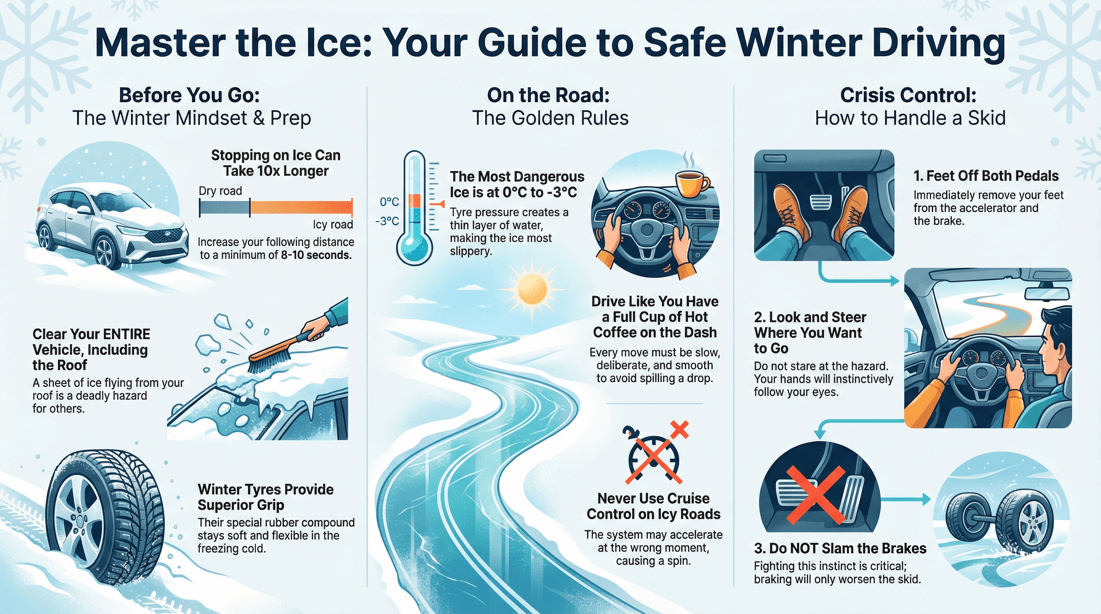 Learn to control skids on ice and snow and avoid deadly driving mistakes