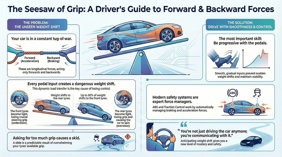 Longitudinal forces: master braking, acceleration, weight shift for safer vehicle control