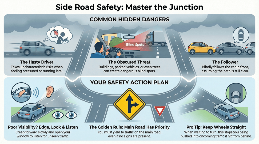 Side road dangers: how to judge traffic speed, right of way, and avoid blocking