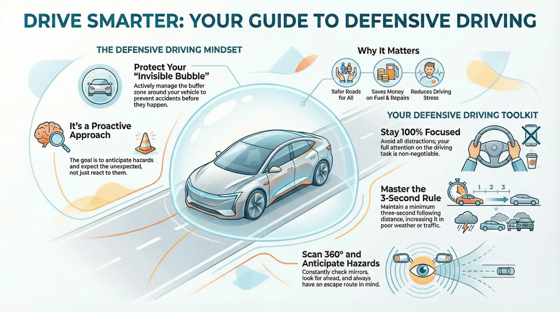 Defensive driving skills to avoid crashes and maintain a safe buffer zone