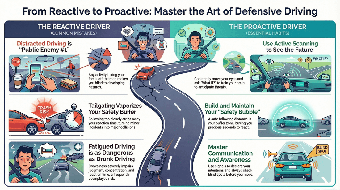 Essential defensive driving skills: anticipation, safe distance, avoiding distraction