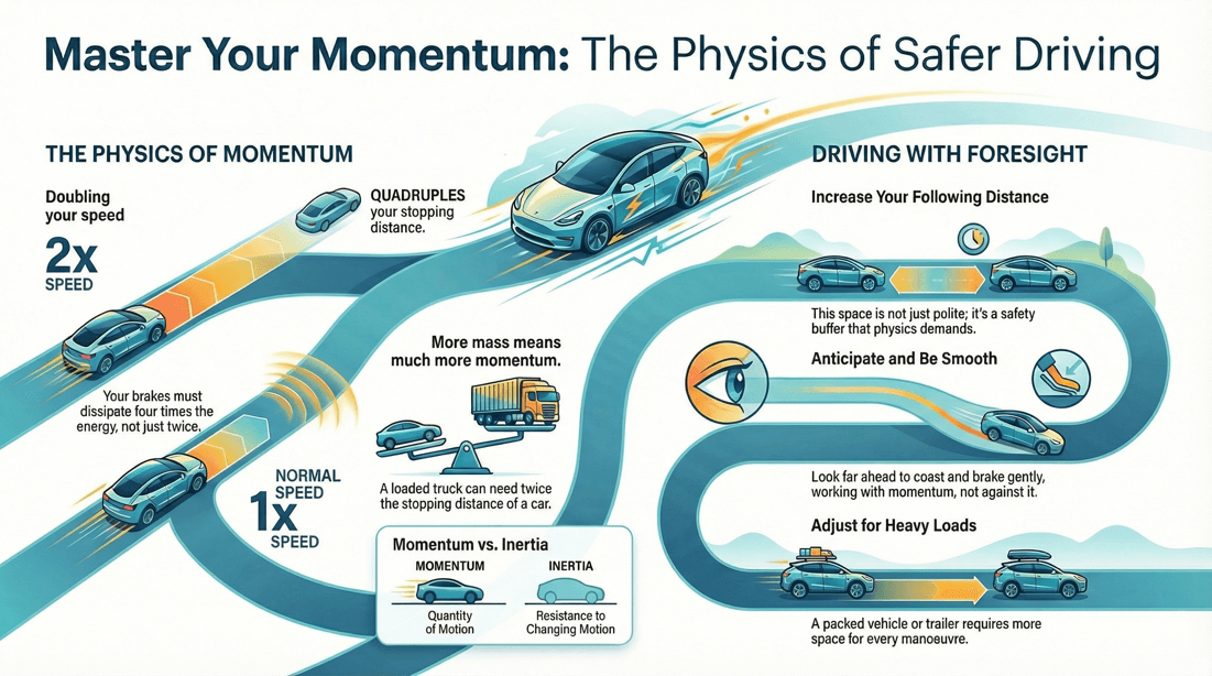 Car momentum impact on braking and vehicle control for safer driving
