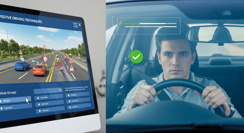 Young driver learning on city road with digital driving data and dashboard navigation system