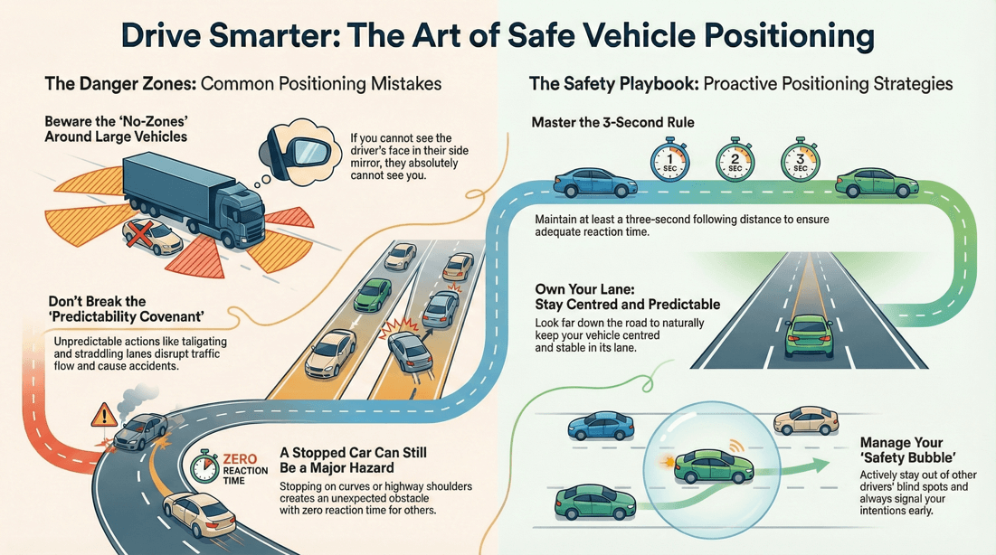 Defensive driving and safe vehicle positioning strategies to avoid accidents