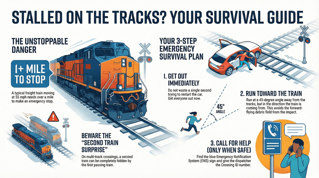 Railroad crossing safety rules: what to do if vehicle stalls on tracks