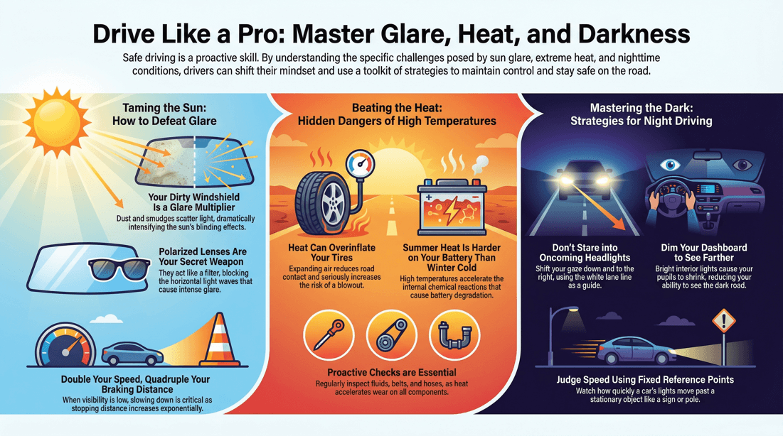 Driving safety: reduce sun glare, manage heat risks, and improve night vision