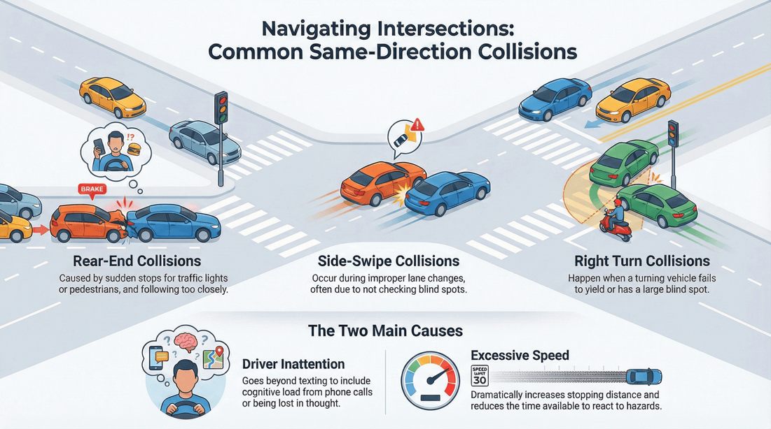 Hidden dangers same-direction traffic intersections and collision avoidance strategies
