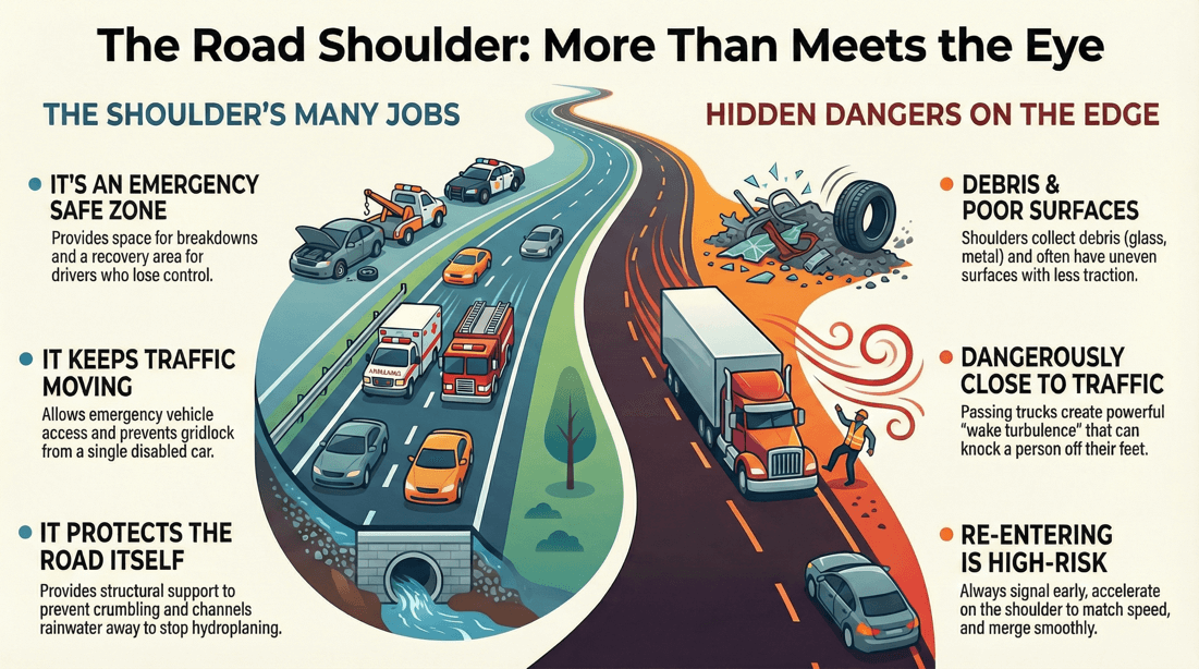 Defensive driving tips for road shoulder use, avoiding hazards, and safe merging