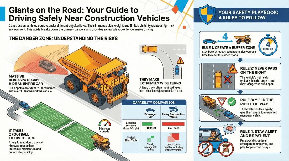 Driving safely around construction vehicles: blind spots, wide turns, slow speeds