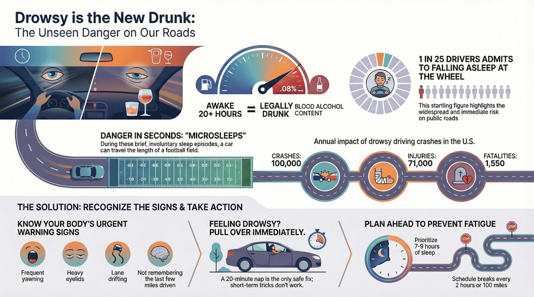 Drowsy driving dangers, warning signs, and prevention tips for road safety