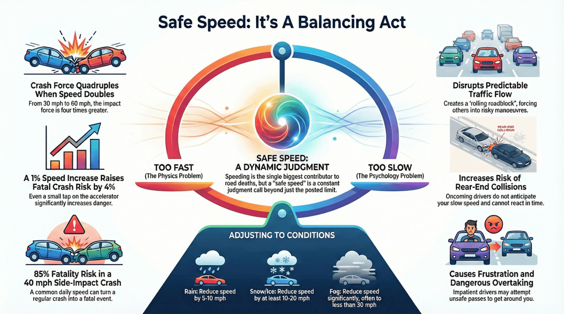The basic speed law for safe driving speed and adapting to current road conditions