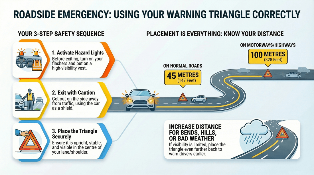 Emergency warning triangle rules placement distances and roadside tips