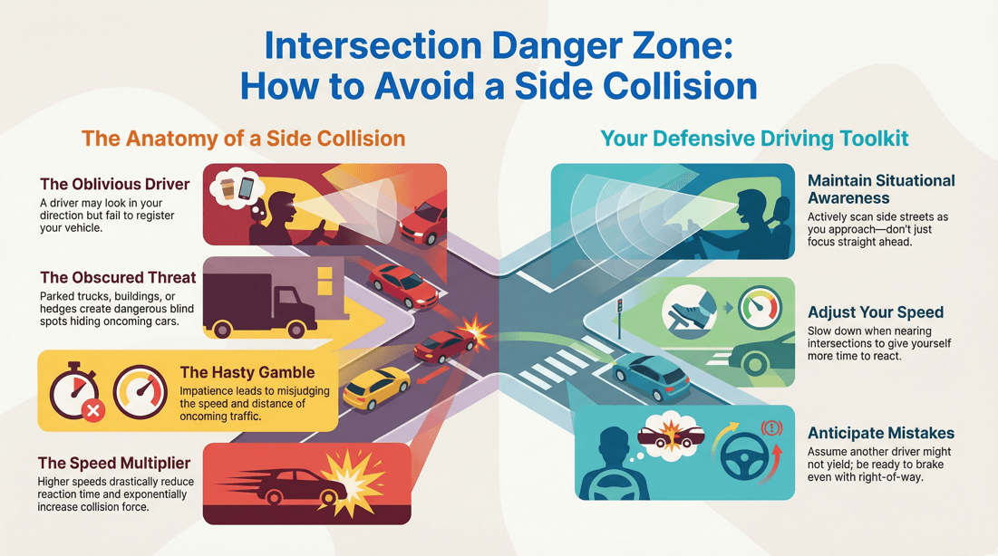 Defensive driving strategies to avoid side road intersection collisions
