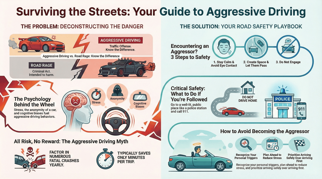 Aggressive driving risks, road rage distinction, and essential prevention strategies