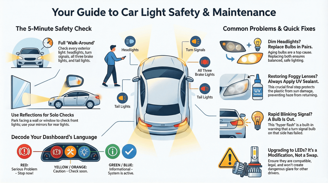 Vehicle light maintenance safety checks troubleshooting dim flickering hyper flash