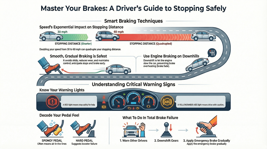 Brake safety tips, techniques, ABS, and crucial stopping distance guide