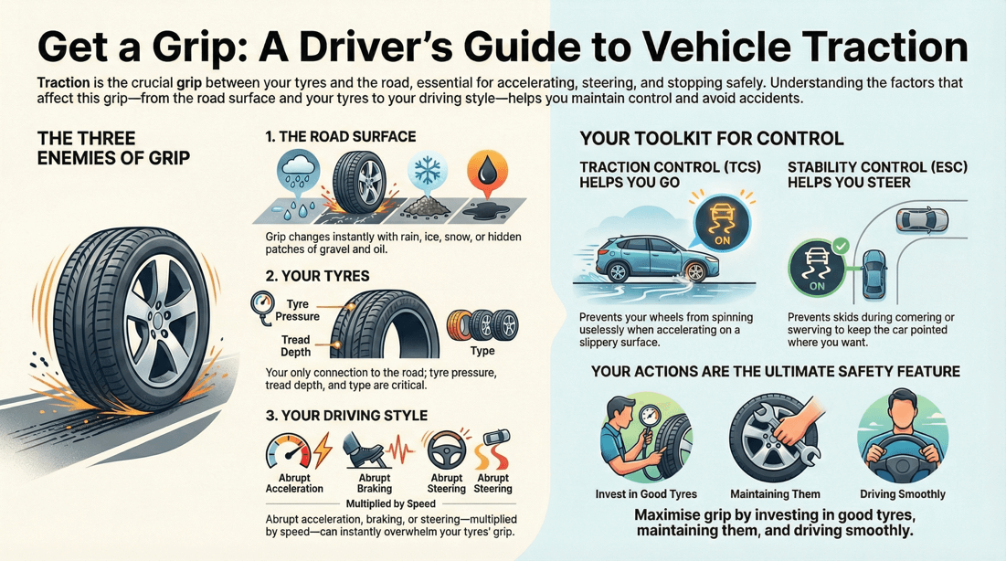 How to maintain vehicle traction and tire grip on wet icy and slippery roads