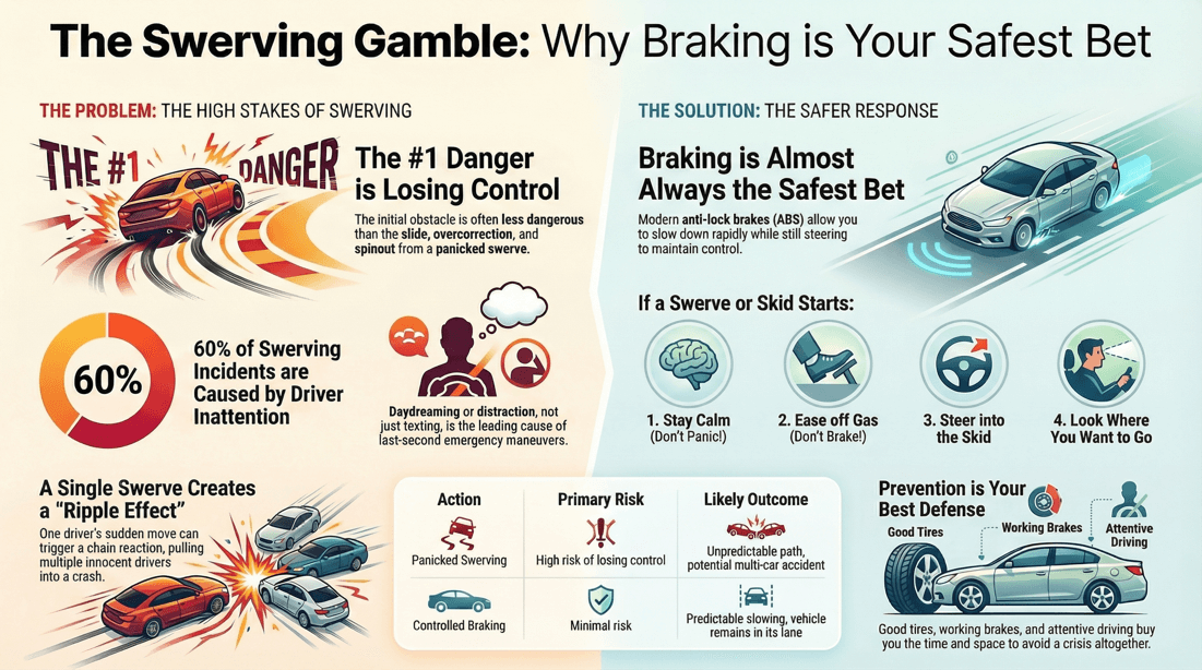 Swerve versus brake: choosing the safest emergency maneuver to prevent crashes