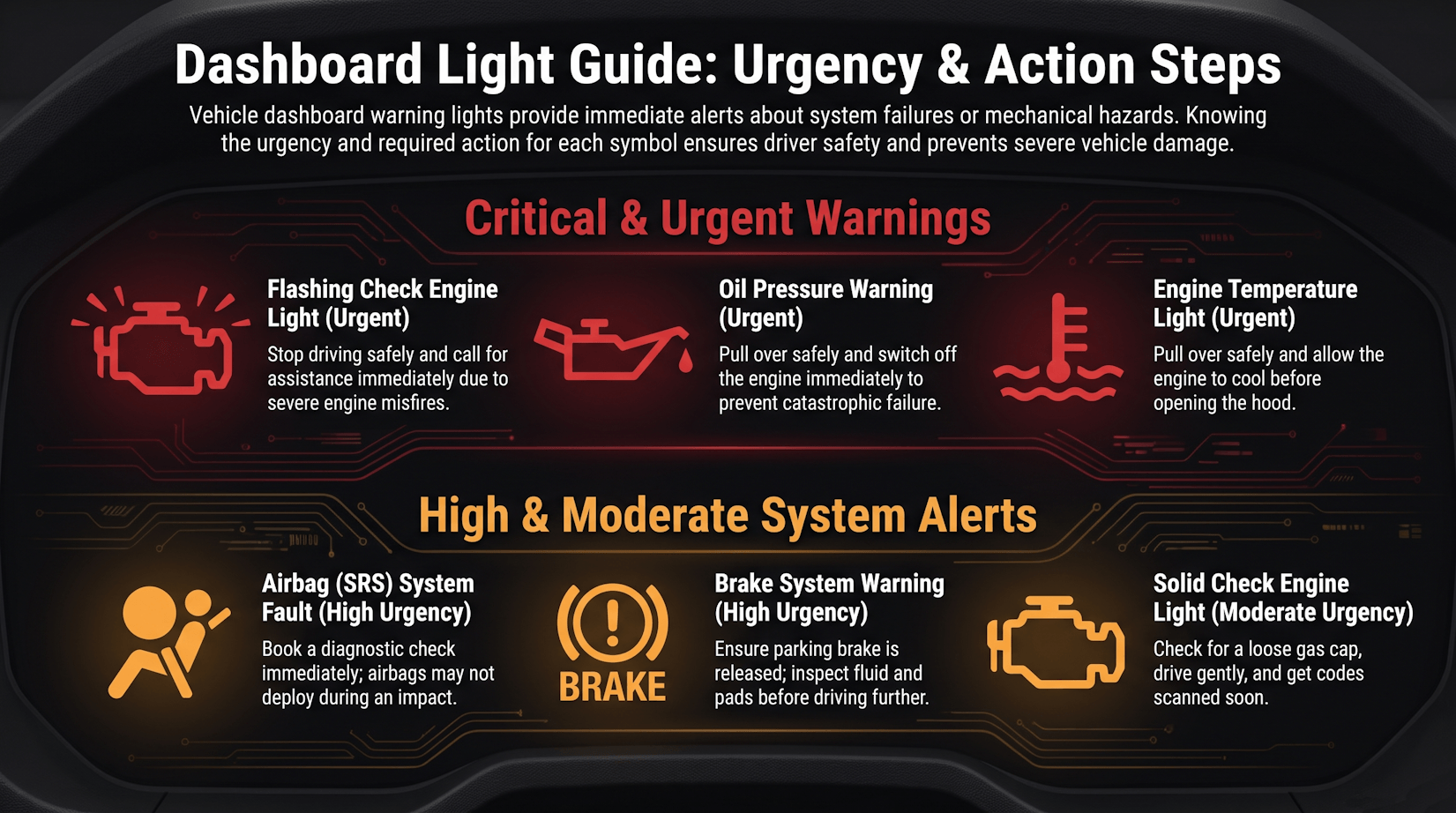 Infographic chart explaining common vehicle dashboard warning lights—solid and flashing check engine, oil pressure, SRS airbag, brake system, and coolant temperature—with urgency levels and safety steps.