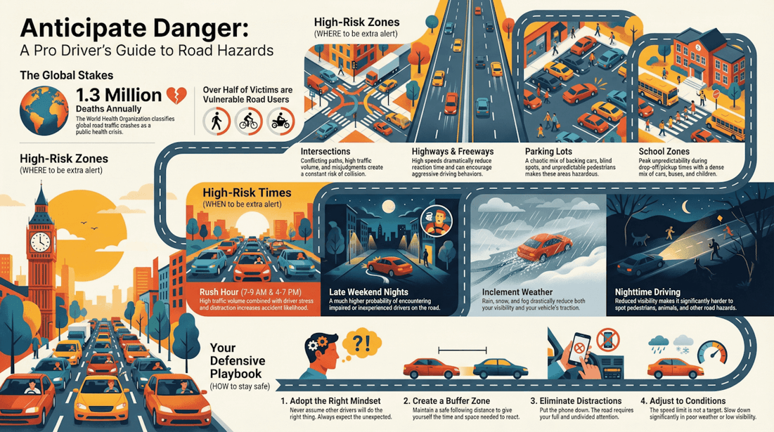 Road hazards guide defensive driving tips and high-risk zones